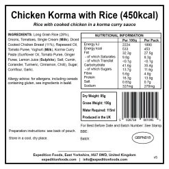 Expedition Foods Chicken Korma With Rice (450kcal) 13 Expedition Foods Chicken Korma With Rice (450kcal) -Camp Life Shop chicken korma with rice 450kcal v5 label