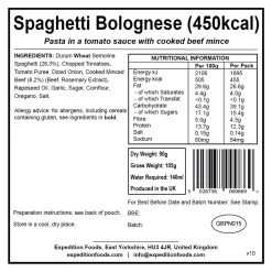 Expedition Foods Spaghetti Bolognese (450kcal) 8 Expedition Foods Spaghetti Bolognese (450kcal) -Camp Life Shop spaghetti bolognese 450kcal v10 label